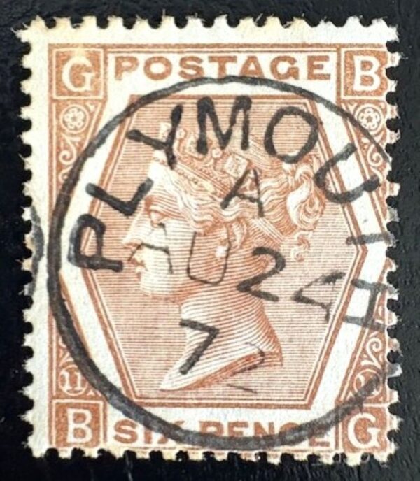 QV sg122 6d deep chestnut (B-G) plate 11 with fine 1872 Plymouth cds