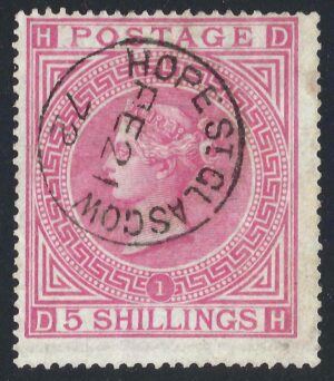 QV sg127 5/- Pale rose (D-H) Plate 2 with fine 1872 Hope St Glasgow cds