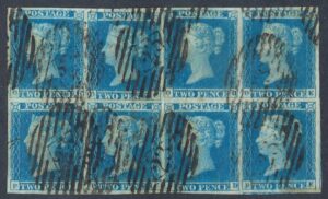 QV sg14 2d blue Plate 3 block (OB-PE) with London 23 barred oval cancels