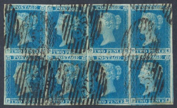 QV sg14 2d blue Plate 3 block (OB-PE) with London 23 barred oval cancels