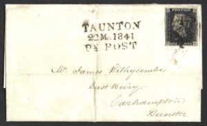 QV sg2 1d black (H-D) Plate 8 on cover with super TAUNTON/22 MA 1841/ BY POST handstamp