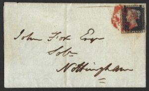 QV sg2 1d black (I-K) Plate 5 on cover from Stanton to Nottingham