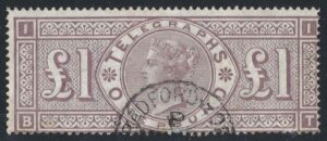 QV sgT17 £1 brown-lilac Telegraph - fine used with repair at base