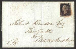 QV sg2c 1d black (Q-B) Plate 8 on cover to Manchester