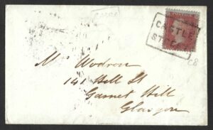QV sg29/33 1d red tied to 1856 cover to Glasgow by fine boxed CASTLE STREET