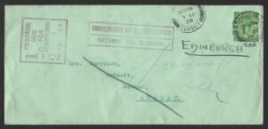 KGV 1928 "Undelivered/Return to sender" cover
