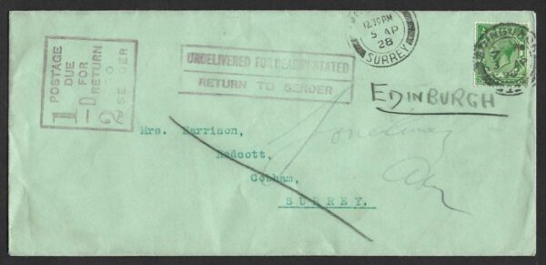 KGV 1928 "Undelivered/Return to sender" cover