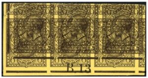 KGV 9d agate imperforate proof B13 Control strip overprinted with up-side-down strip