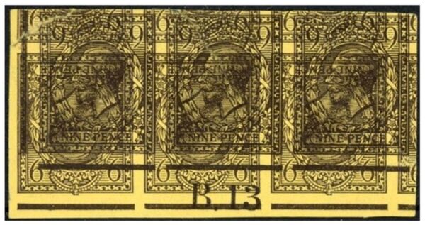 KGV 9d agate imperforate proof B13 Control strip overprinted with up-side-down strip