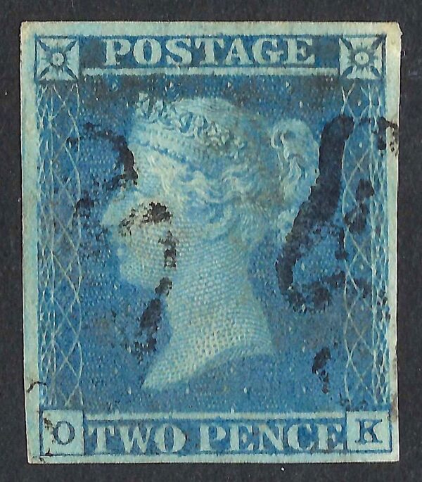 QV sg14 2d blue (0-K) plate 3 with part double maltese cross strikes