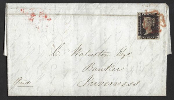 QV sg2 1d black (I-E) Plate 7 on 1840 entire from Liverpool to Inverness