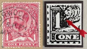 KGV sg329/31 1d pale carmine showing "white scratch to left of lion`s face" plate flaw