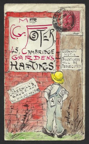KEVII sg219 1d scarlet on 1906 hand illustrated cover to Hastings