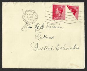 KEVIII 1938 sg458 1d scarlet bisect cover to Canada
