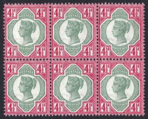 QV sg206 4½d green & carmine block – unmounted mint