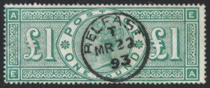 QV sg212 £1 green (E-A) with super 1893 Belfast cds