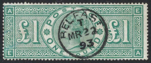 QV sg212 £1 green (E-A) with super 1893 Belfast cds