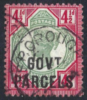 QV sgO71 4½d green/carmine GOVT PARCELS - fine used