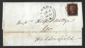 QV sg2 1d black (F-K) Plate 1b on 1840 entire to Huddersfield