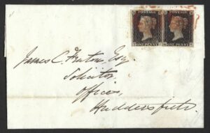 QV 2x sg2 1d black (TF + QK) both Plate 1b on 1840 wrapper to Huddersfield