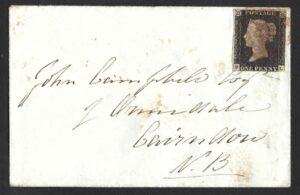 QV sg2 1d black (P-L) Plate 2 on small 1840 envelope to Cairngorm