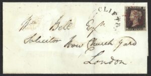 QV sg2 1d black (N-G) Plate 7 on 1840 Bristol to London wrapper