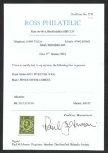 KGV sg338/41 ½d Myrtle green Spec N4(4) - mounted mint with cert