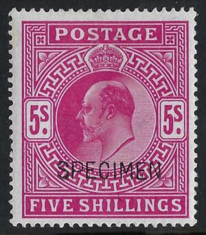 KEVII sg263s 5s bright carmine overprinted SPECIMEN – fine mint example