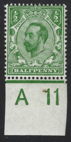 KGV sg321 Spec N1(2) ½d pale green Control A11(w) Perf Type 2 - mounted mint