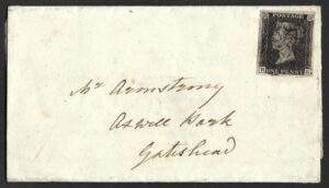 QV sg2 1d black (H-L) Plate 8 on 1841 entire from Carlisle to Gateshead, large margins with a black Maltese Cross