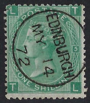 QV sg117 1s green (T-L) plate 5 with fine 1872 Edinburgh cds