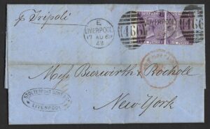 QV sg109 6d mauve (LI-LJ) plate 8 pair on 1869 Liverpool to New York wrapper