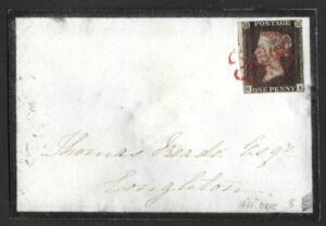 QV sg2 1d black (H-A) Plate 8 showing State 2 of the O flaw with "A" doubled on 1840 mourning envelope to Congleton
