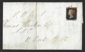 QV sg2 1d black (G-K) Plate 1b showing 7 and 10 o`clock ray flaws, re-entry marks in LH star, value & K square on 1840 part wrapper