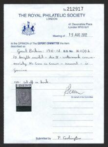 KGV sg341/3 Spec N11(2)b 1d bright scarlet (no cross on crown variety) showing superb off-set on rear. With RPSL certificate 