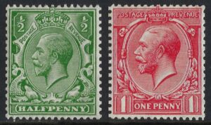 KGV sg397-398 ½d bright green & 1d dull scarlet (wmk Royal Cypher multiple) pair – mounted mint