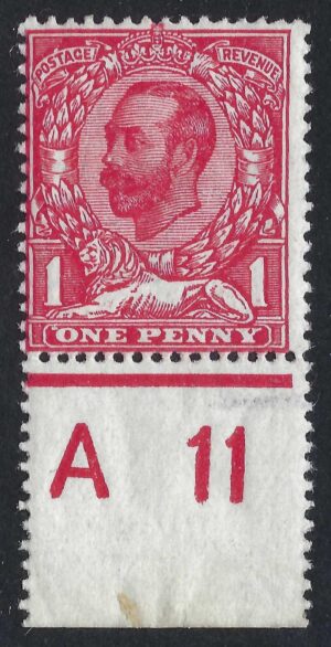 KGV sg329 Spec N8d 1d carmine Control A 11 (white spot left of O and white dot above T of POSTAGE) from Pl 4 R20/11 - U/M