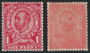 KGV sg341/3 Spec N11(2)b 1d bright scarlet (no cross on crown variety) showing superb off-set on rear. With RPSL certificate