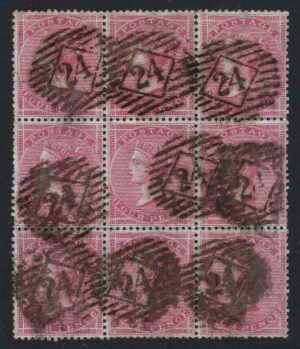 QV sg66 J51 4d rose-carmine, the largest recorded multiple block cancelled by London Inland 24 numerals