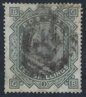 QV sg131 10s grey-green (G-B) on blued paper, a sound used example