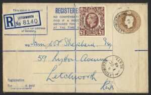 KGVI sg478c £1 brown on Registered First Day Cover to Letchworth