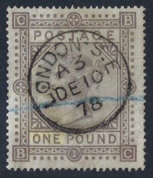 QV sg129 £1 brown-lilac (B-C) Plate 1 with fine 1878 London cds