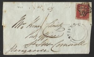 QV sg8m 1d red (G-G) with #3 in MX on 1843 wrapper to Penzance