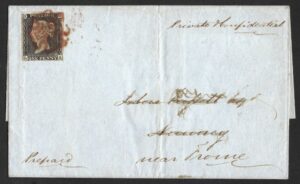 QV sg2 A1(2)tf 1d black (L-A) Plate 1b on cover dated 16th May 1840