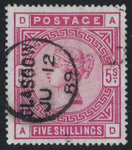 QV sg180 5/- rose (A-D) with fine 1889 Glasgow cds