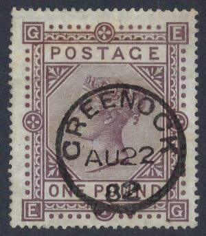 QV sg129 £1 brown-lilac (E-G) Plate 1 with fine 1882 GREENOCK cds