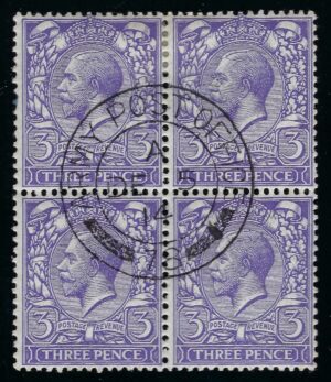 KGV sg375 3d violet block - superb used with "DE 5 1914 Army Post Office" handstamp