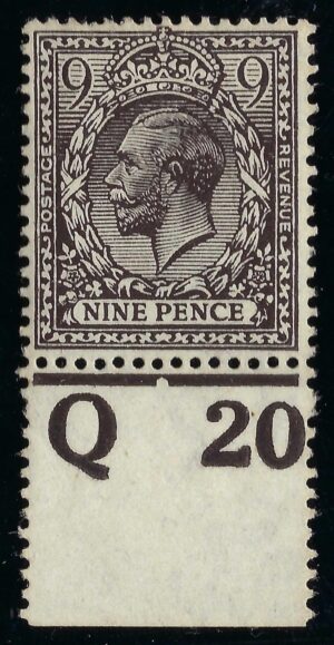 KGV sg392/93 N29(3) 9d Deep agate control Q20 – mounted mint