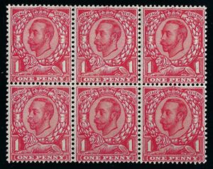 KGV sg350a 1d scarlet (no cross on crown) in block – unmounted mint