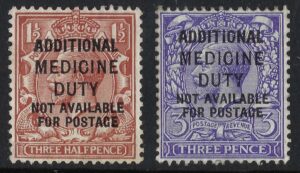 KGV Revenue issue 1½d + 3d Additional Medicine Duty pair